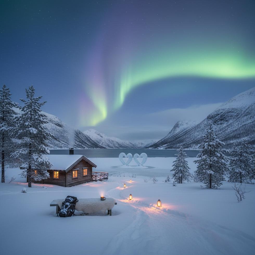 Norveç’te karla kaplı ormanda el ele yürüyen bir çift