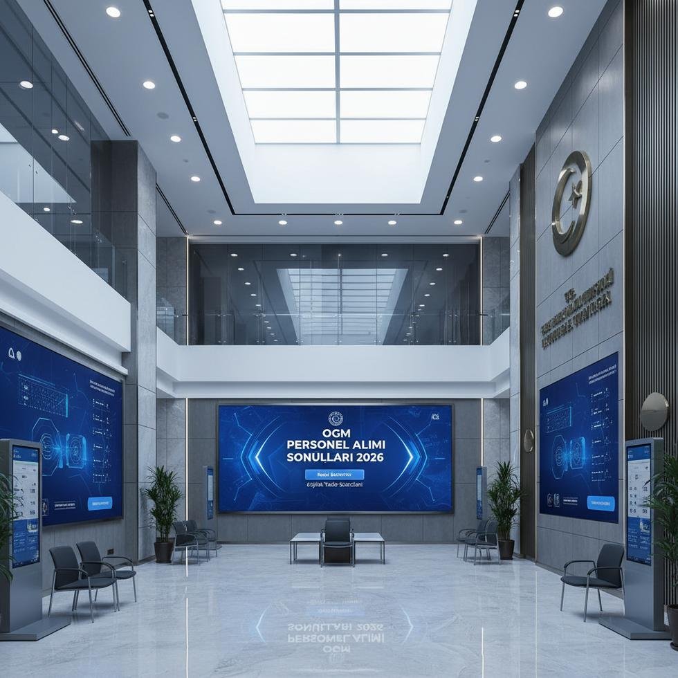 Bir kamu kurumunda dijital ekranlardan personel alım sonuçlarını kontrol eden adaylar