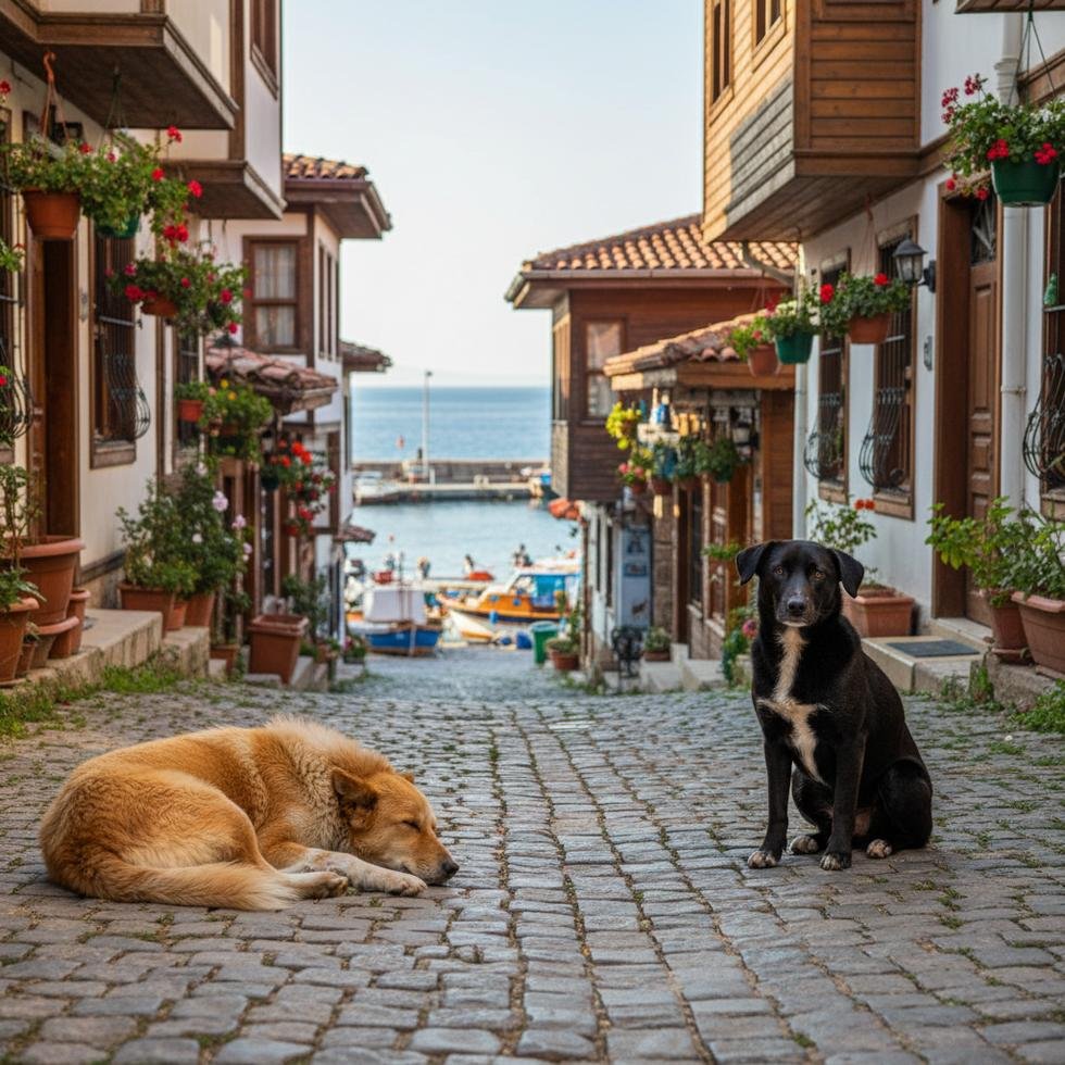 Ordu sokaklarında dolaşan bir sokak köpeği, şehir ortamında