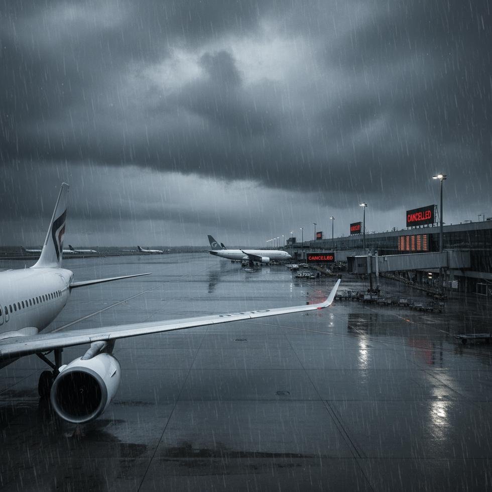 Havaalanında uçuş iptali bildirimi ve bekleyen yolcular