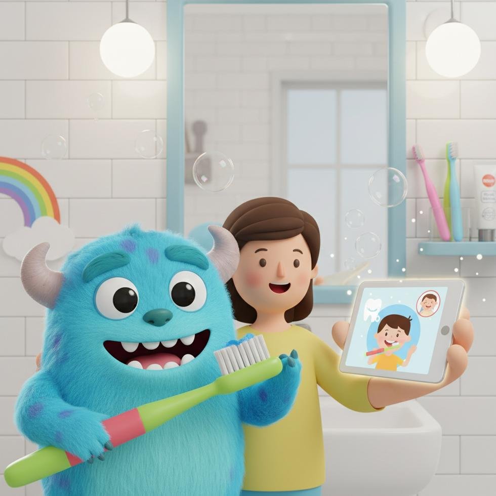 Otizmli bir çocuk, ebeveyninin desteğiyle diş fırçalarken dijital bir rehberi inceliyor.