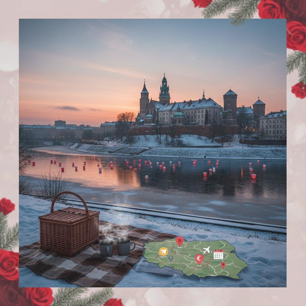 Karlı bir Polonya şehrinde Sevgililer Günü’nde yürüyen çift