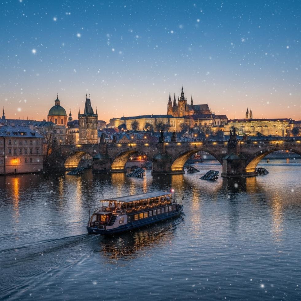 Kışın Prag’da Karl Köprüsü'nde romantik yürüyüş yapan çift