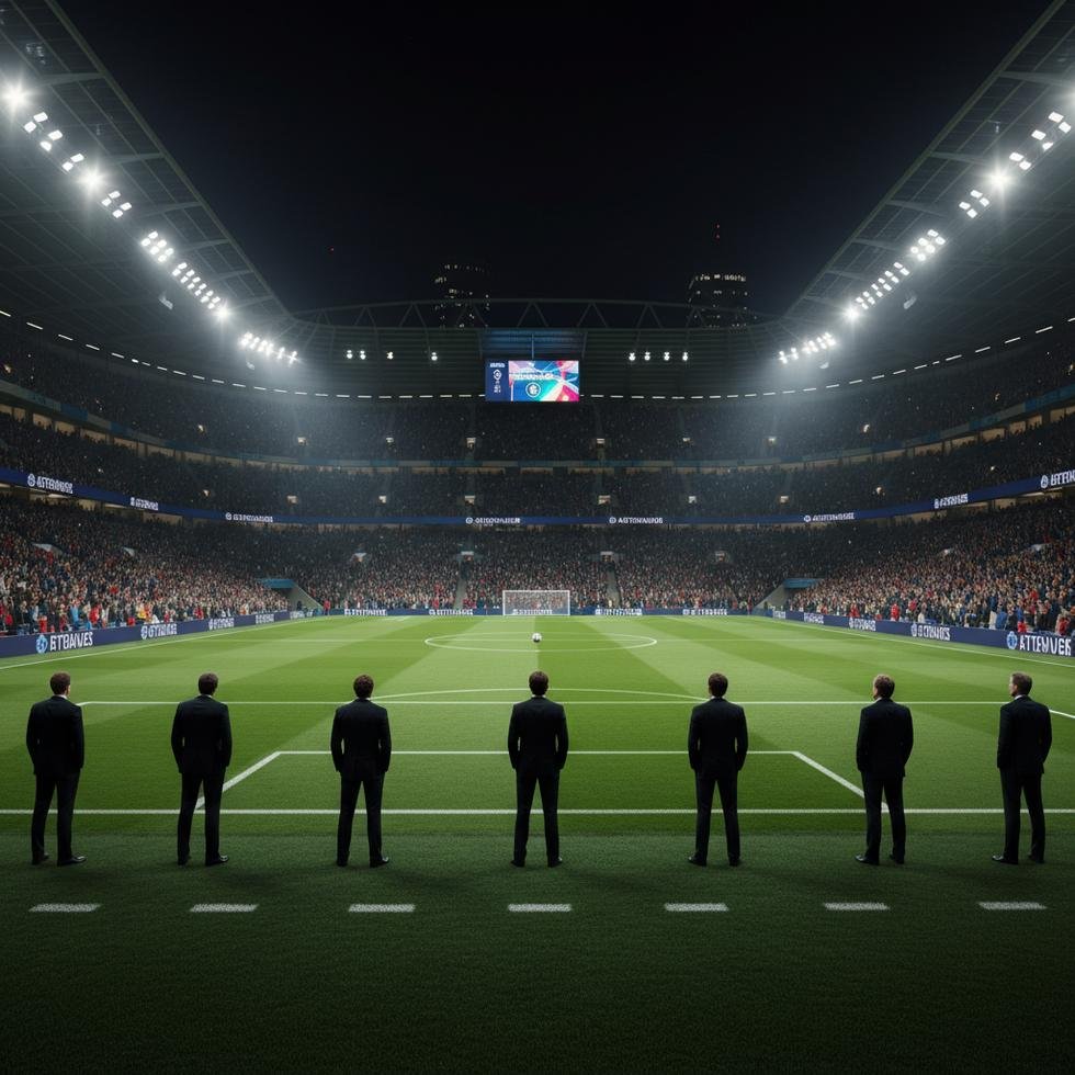 Premier League maçında kalabalık tribünler ve teknik direktörler