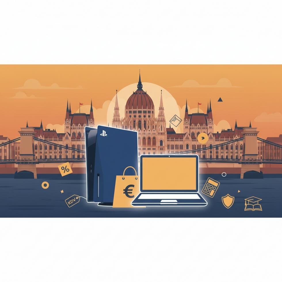 Budapeşte'de bir teknoloji mağazasında PS5 ve oyuncu laptopları vitrin görüntüsü