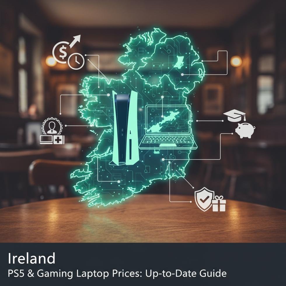 Bir masa üzerinde yer alan PS5 ve gaming laptop