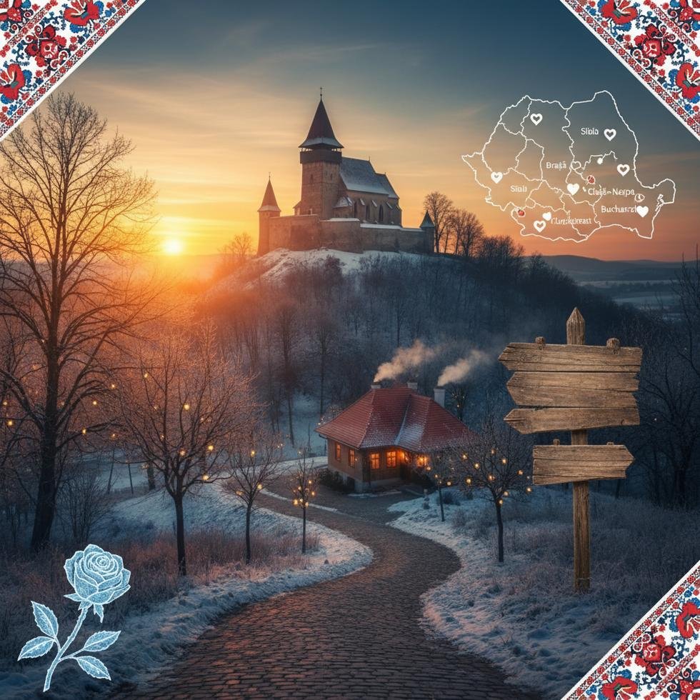 Karlar altındaki Peleș Şatosu ve romantik yürüyen bir çift