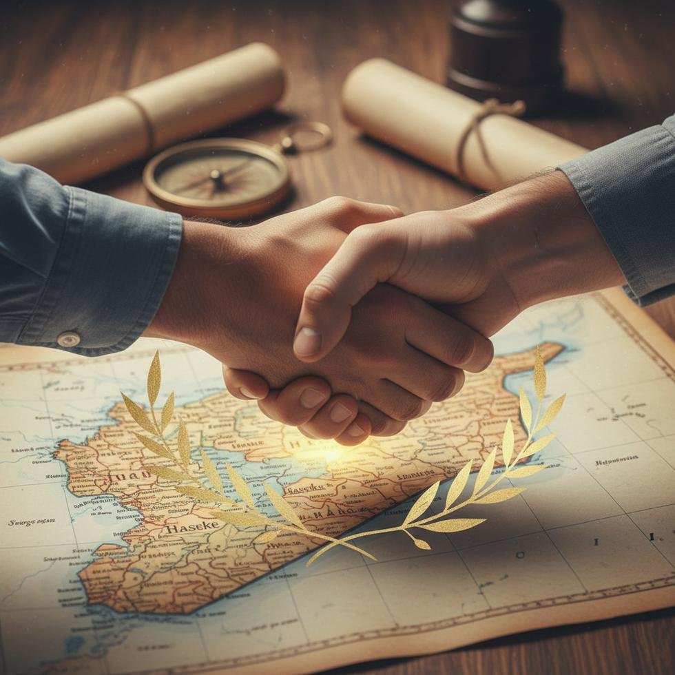 Suriye haritası ve el sıkışan iki kişi barış anlaşmasını simgeliyor