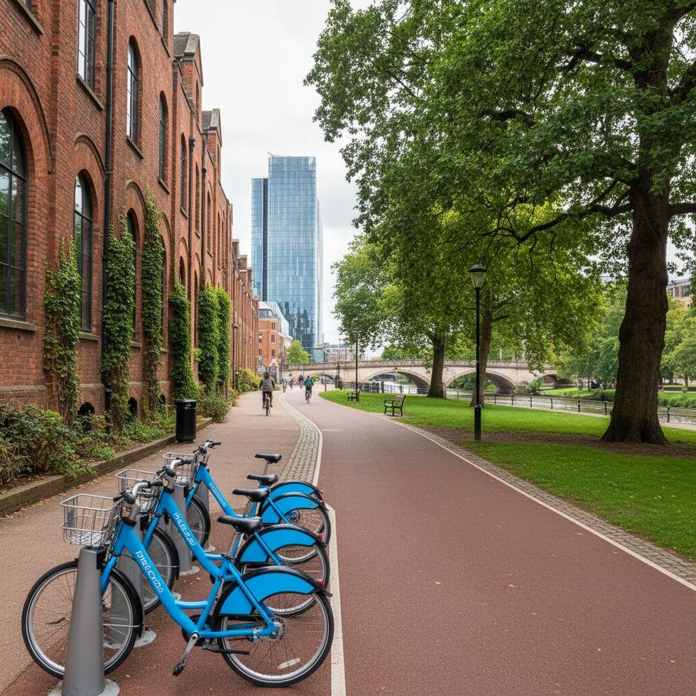İngiltere'de şehir içi bisiklet süren bir öğrenci