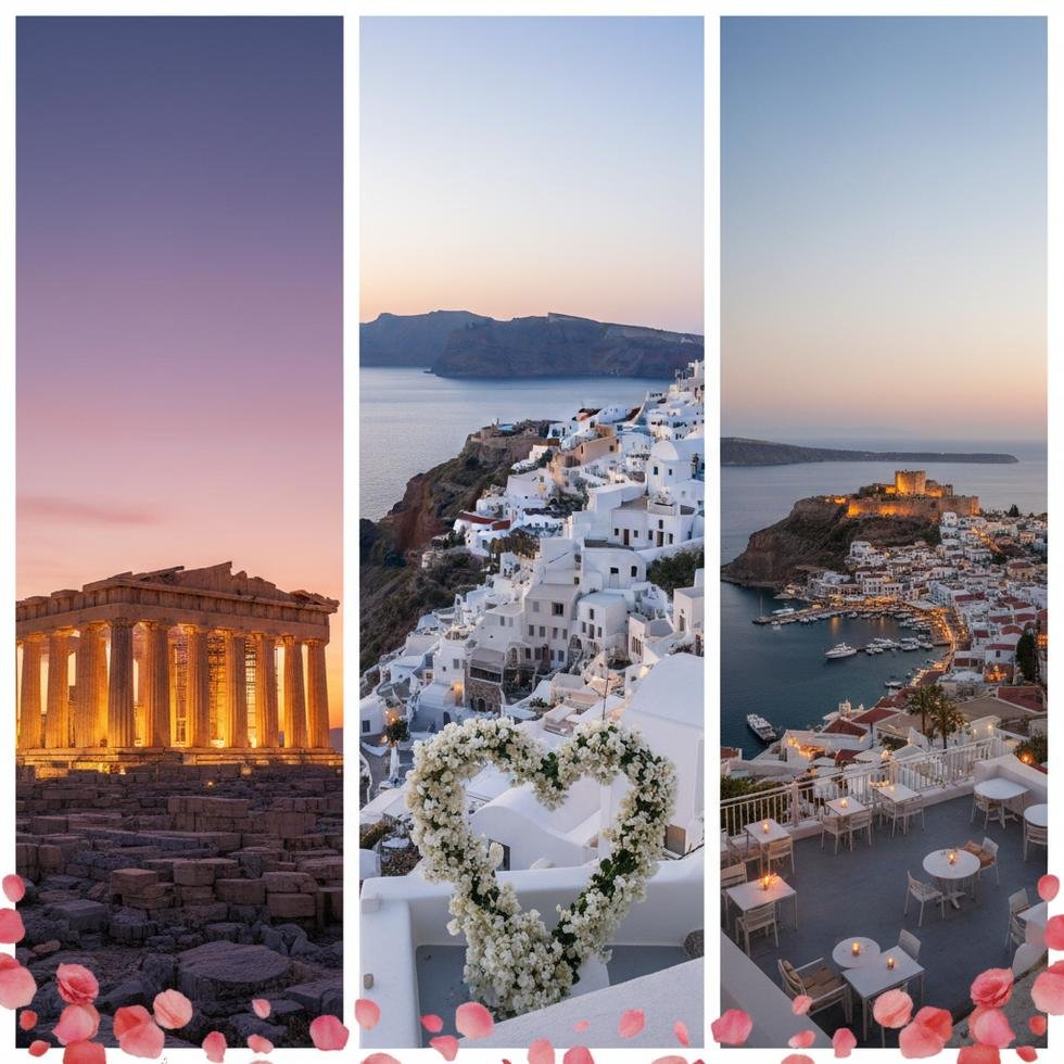 Yunanistan’da romantik gün batımı manzarası eşliğinde yürüyen çift