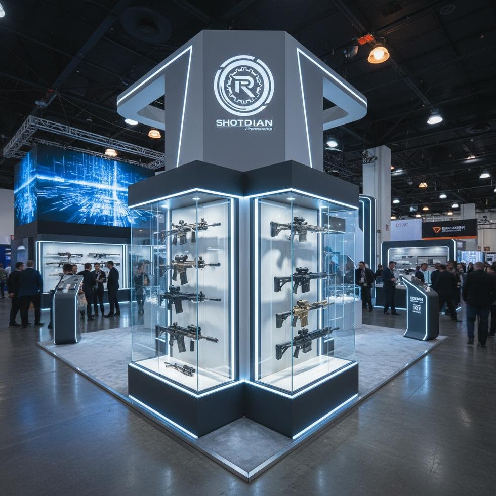 SHOT Show fuarında yüksek teknoloji silahlar ve aksesuarların sergilendiği modern tasarım standı