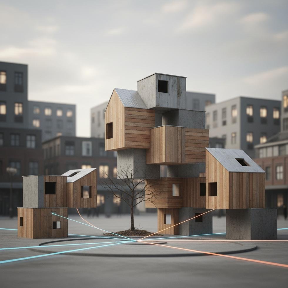 Asylum seekers and local residents discussing housing issues in a community area