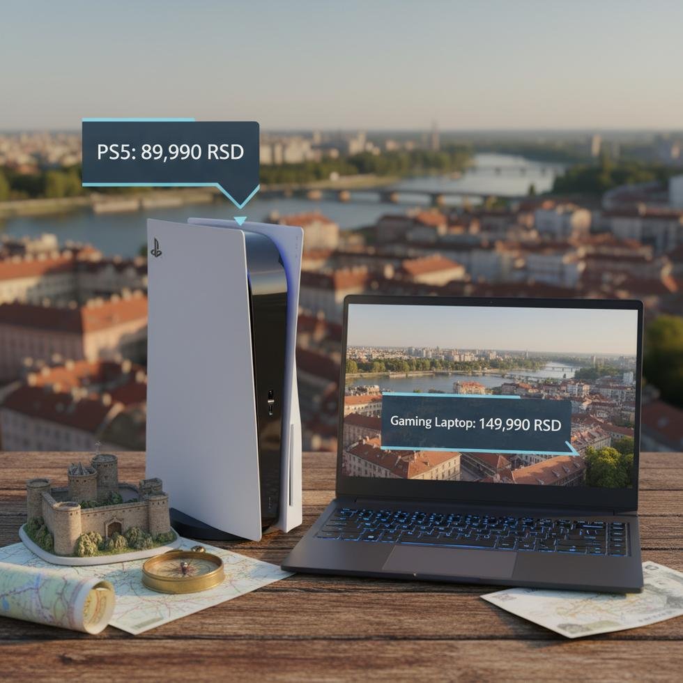 Sırbistan'daki bir teknoloji mağazasında PS5 ve oyun dizüstü bilgisayarları