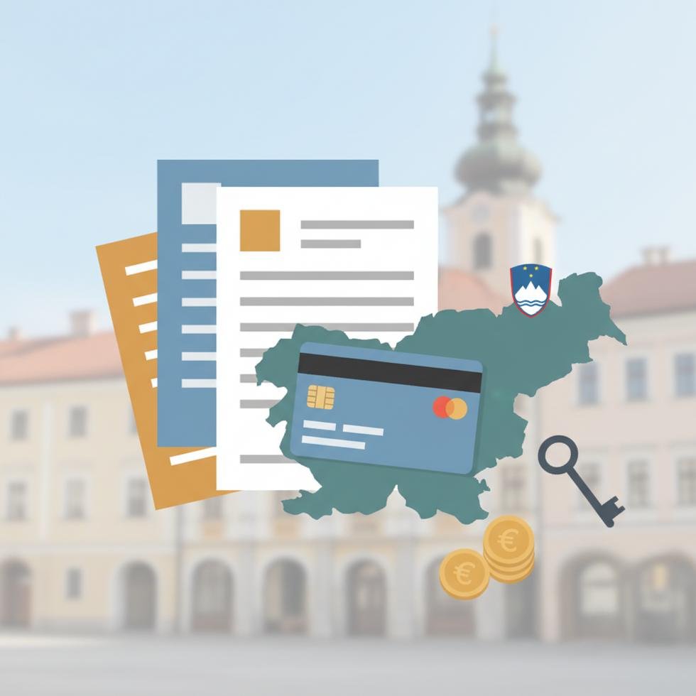 Slovenya’da banka hesabı açma sürecini gösteren belge ve kartlar