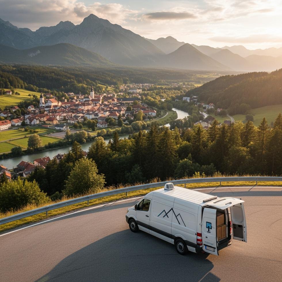 Slovenya'da motosikletli bir kuryenin şehir merkezinde teslimat yapması