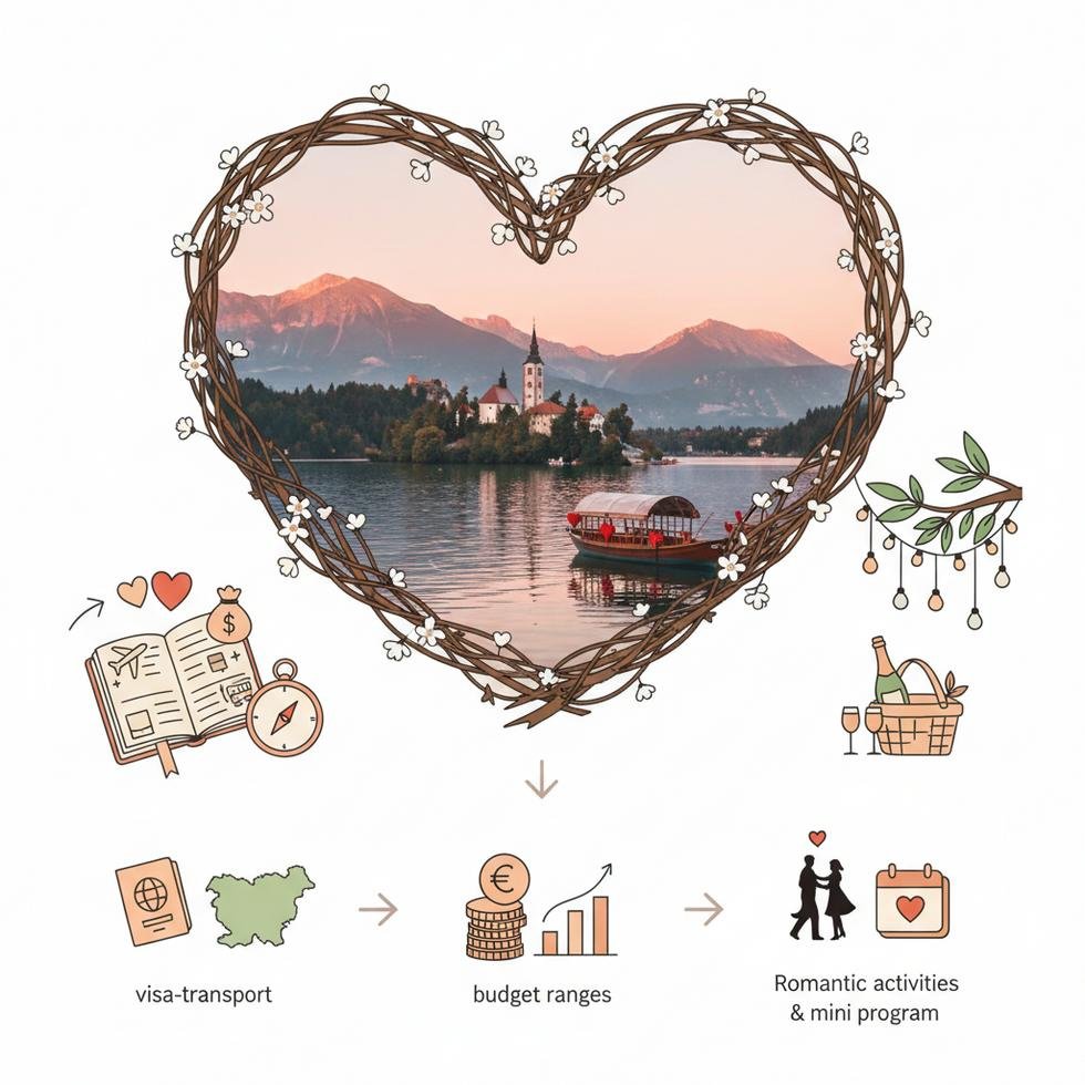 Karlar altında Bled Gölü'nde yürüyen bir çift