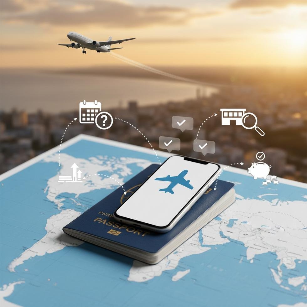 Son dakika ucuz uçak bileti bulmak için mobil uygulamalarla esnek tarih arayan öğrenci