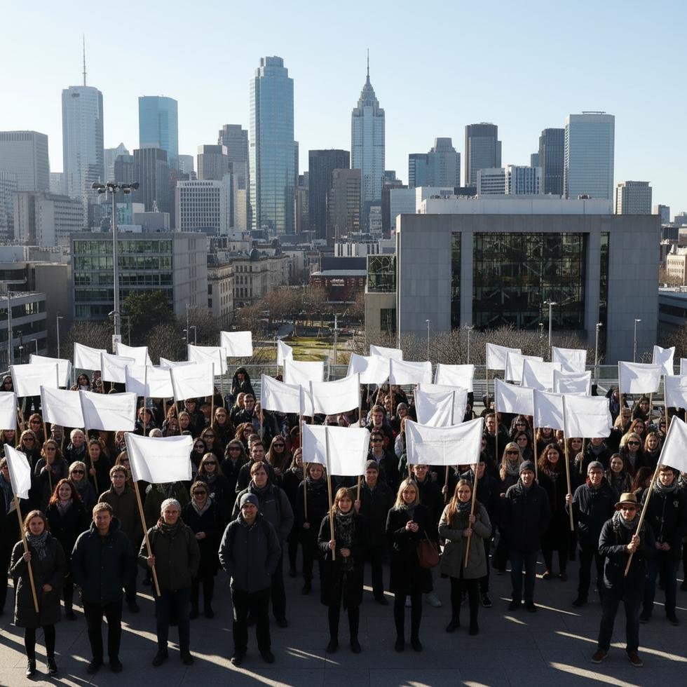 University staff protesting with banners outside campus