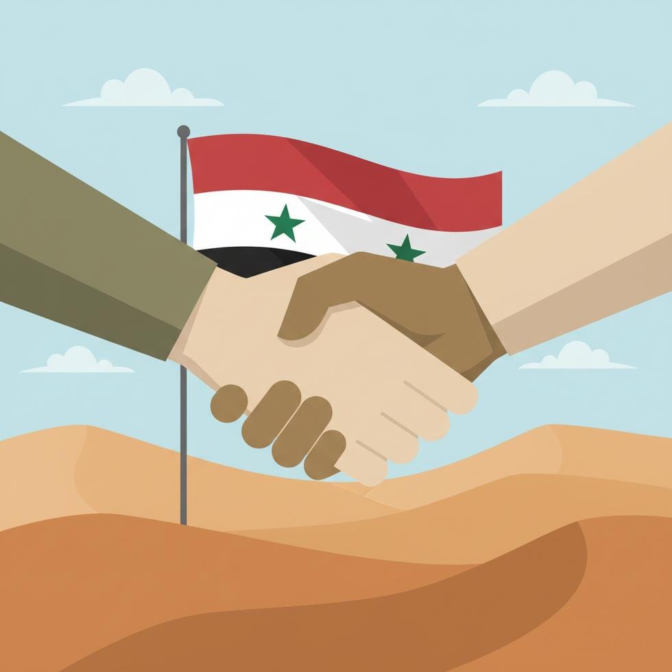 Peace agreement handshake with Syrian flag background