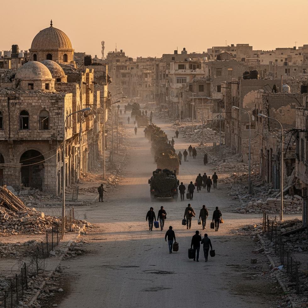 Halep’te tahliye süreci sırasında şehirden ayrılan siviller ve askeri araçlar.