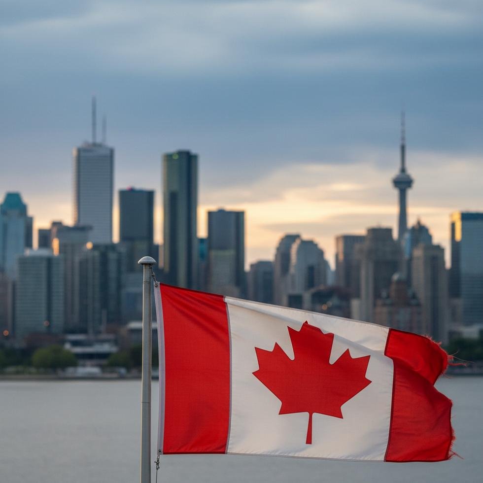 Kanada bayrağı ve Kanada-ABD şehir manzaraları