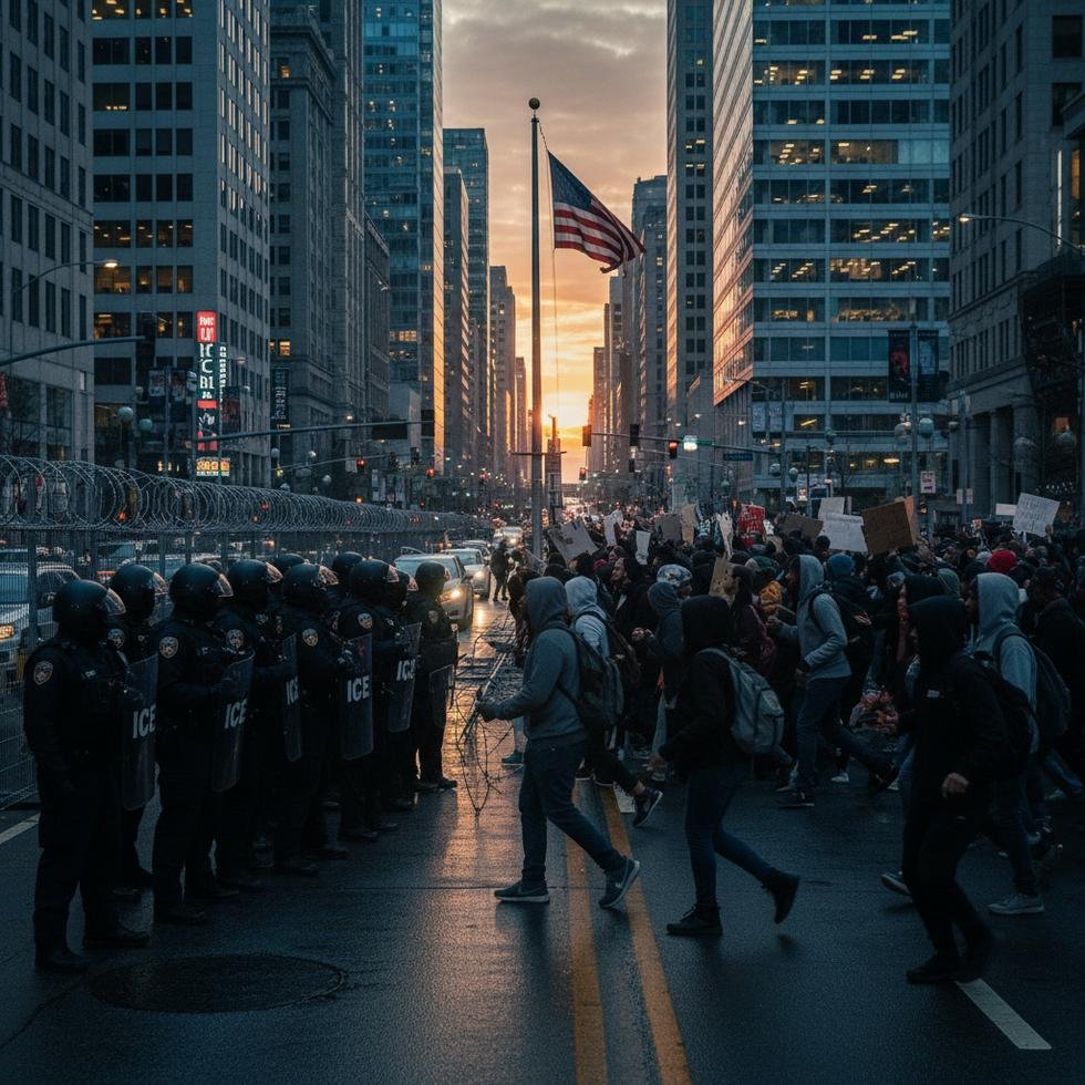 ABD'de ICE polisleri ve protestocular arasındaki gerilimi yansıtan bir eylem fotoğrafı.