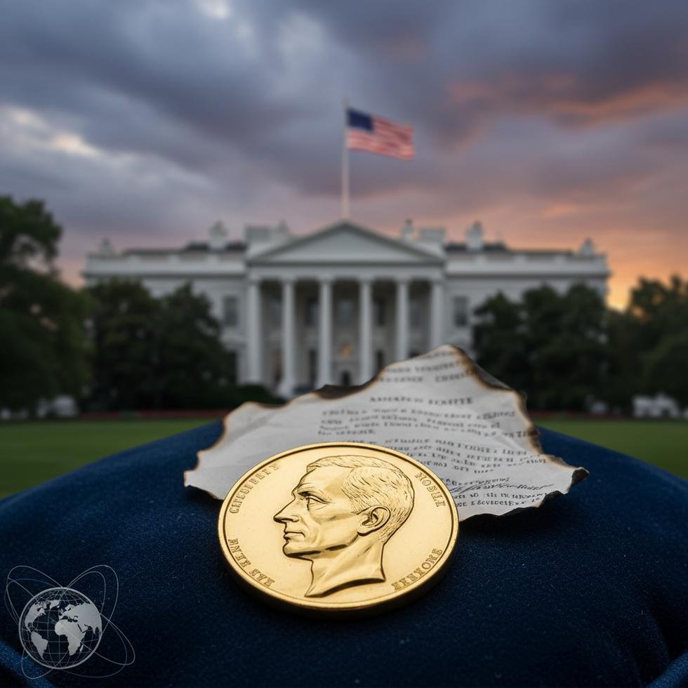 Donald Trump with a serious expression and Nobel Peace Prize medal in background