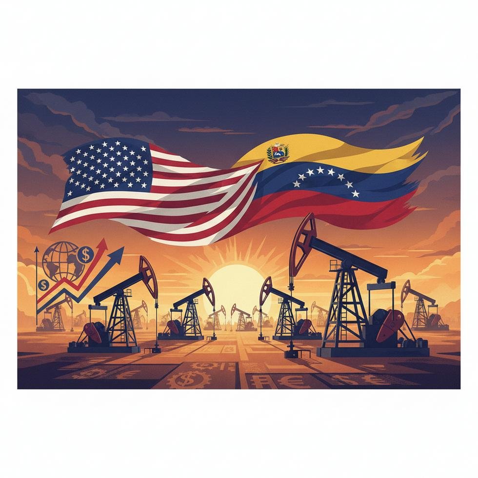 Donald Trump and Venezuela oil industry illustration