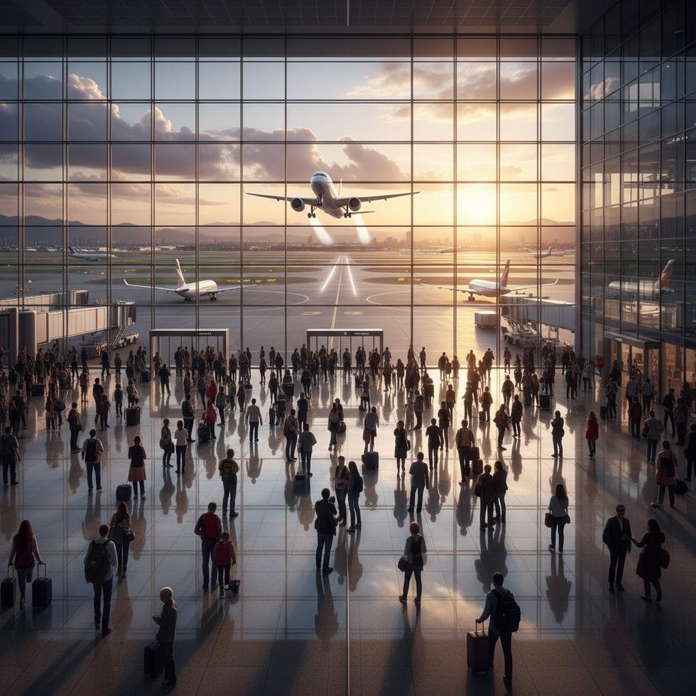 Yolcu dolu modern bir havalimanı terminalinde kalkışa hazırlanan çok sayıda uçak