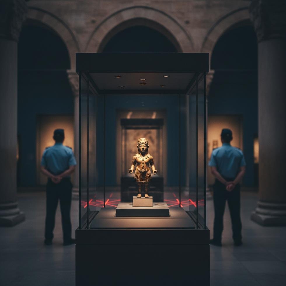 Bir müzede sergilenen tarihi eser ve güvenlik önlemleri