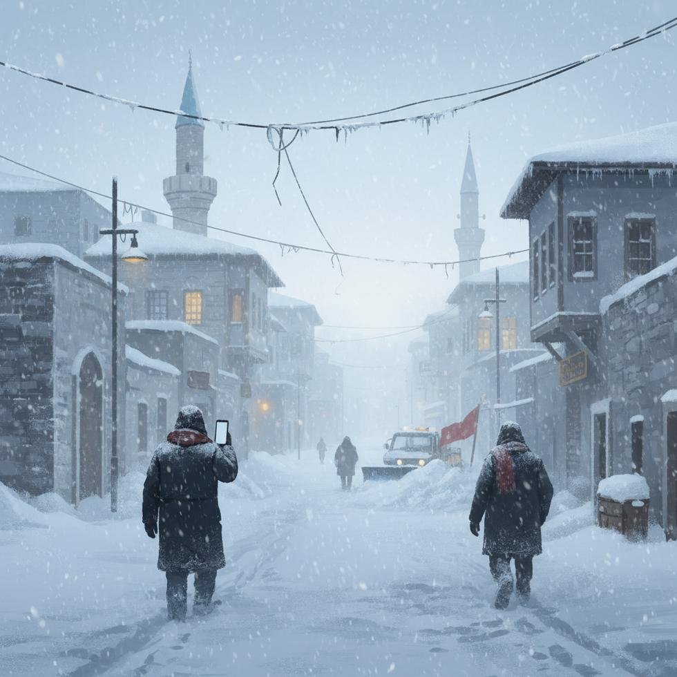 Ağır kar yağışı altında insanların yürüdüğü dondurucu doğu Türkiye şehir manzarası.