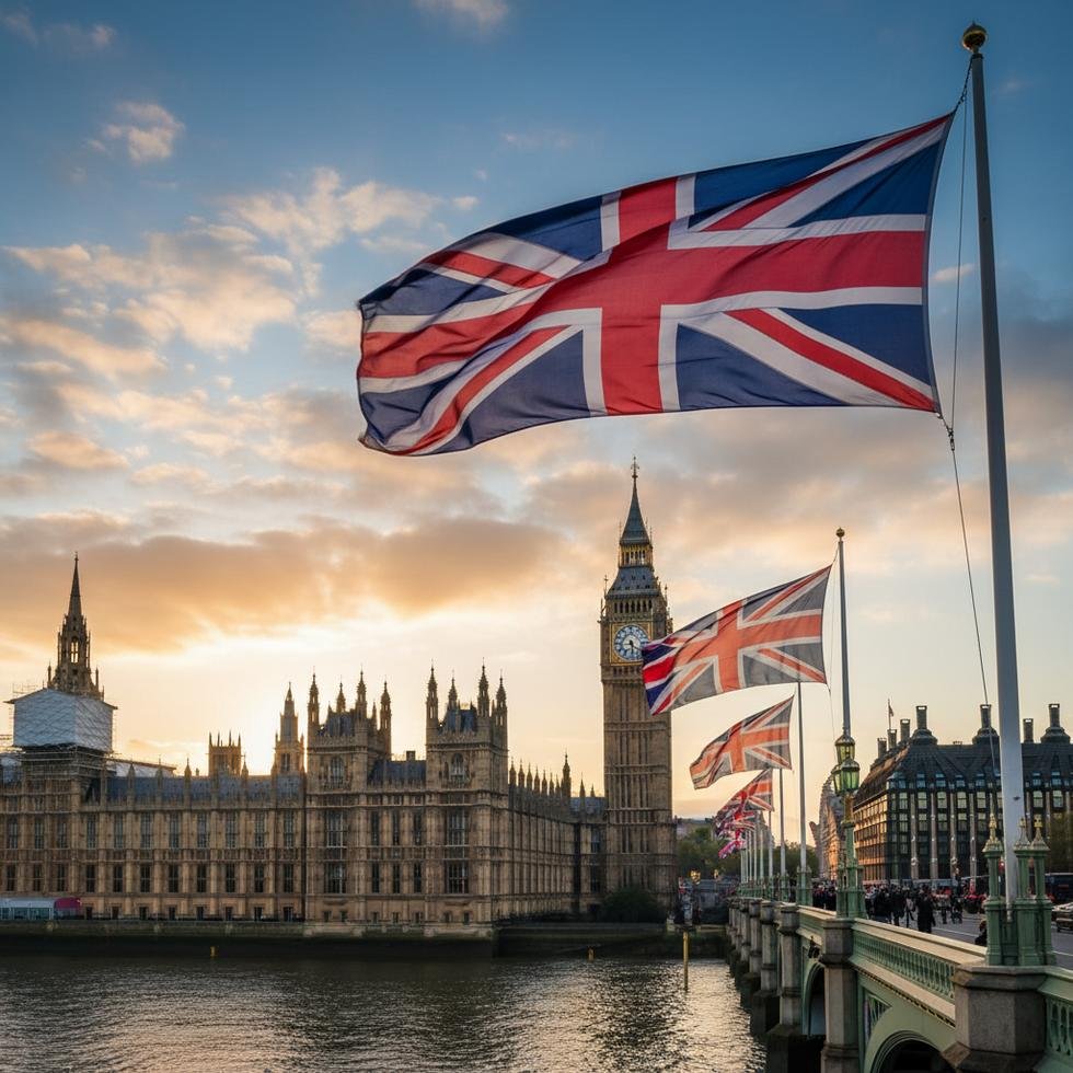 United Kingdom Parliament building with British flags representing sovereignty