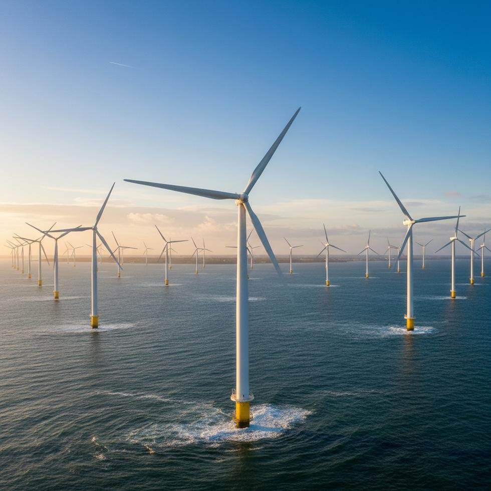 Offshore wind turbines in the sea generating clean energy