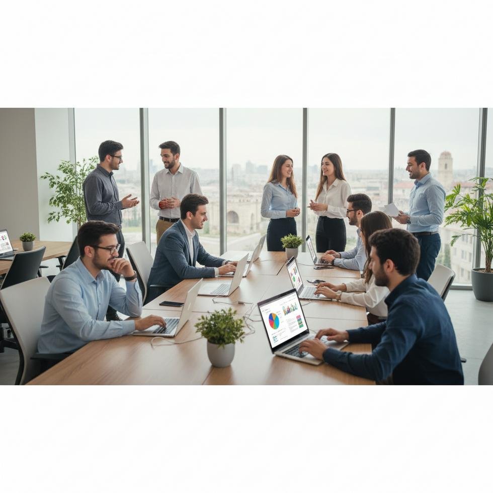 Genç Türk öğrenciler bir ofiste staj yaparken bilgisayarlarda çalışıyor ve iletişim kuruyor