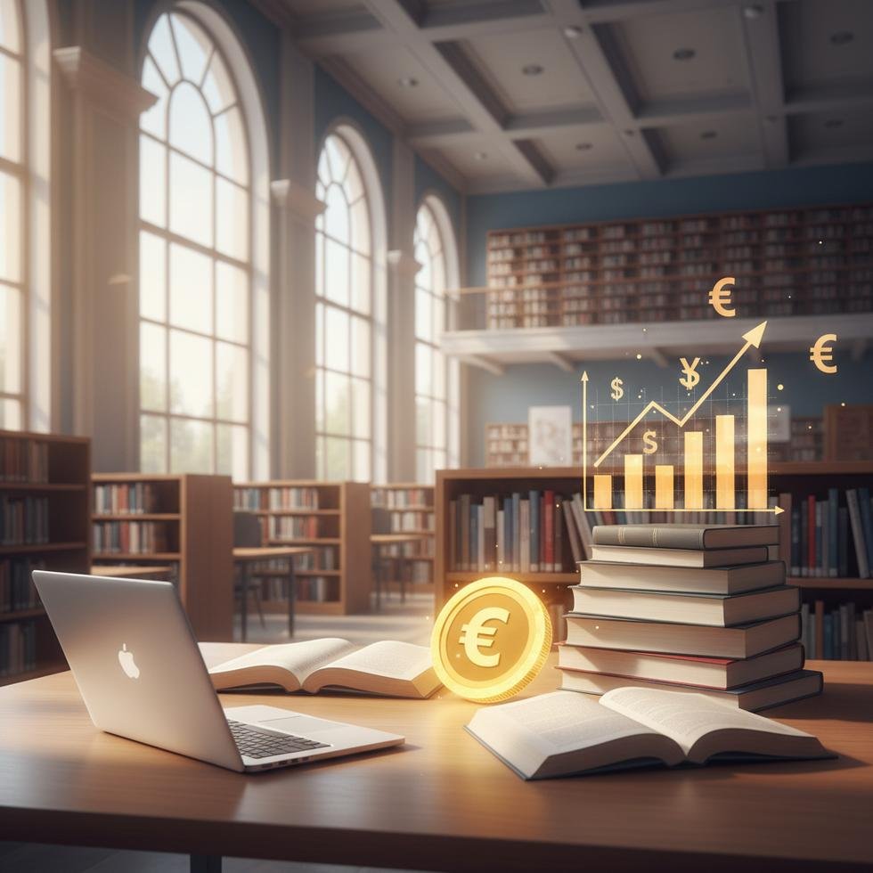 Young university student studying with scholarship support in library