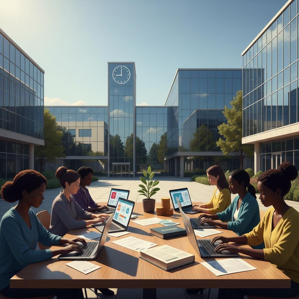 Students submitting university applications with campus building in the background