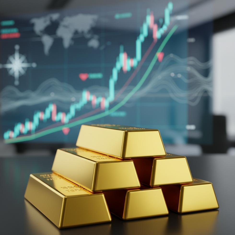 Gold bars with stock market charts indicating investment trends