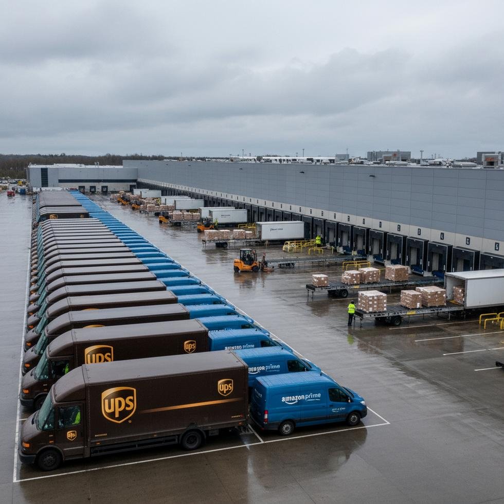 UPS lojistik merkezinde teslimat kamyonları ve çalışanlar