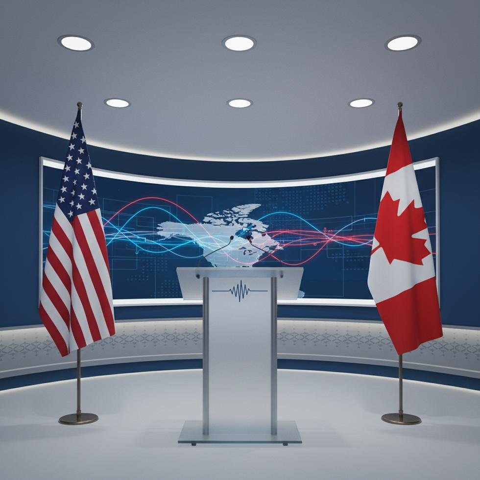US Treasury Secretary speaking at a press event with USA and Canada flags