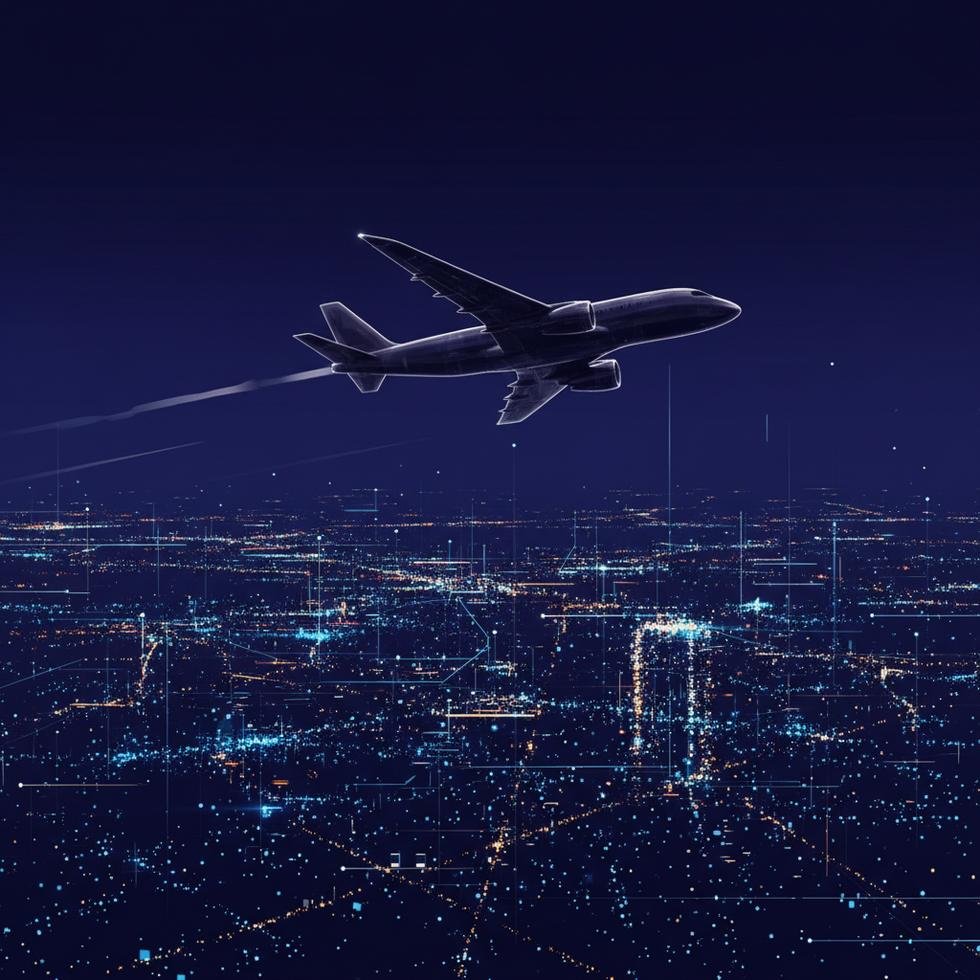 Geceleri uçak silueti ve şehir ışıkları