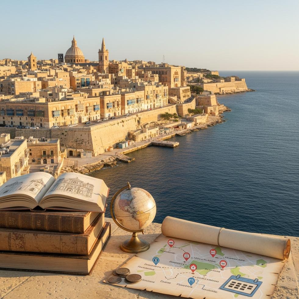 Valletta şehir surları ve üstten Grand Harbour manzarası