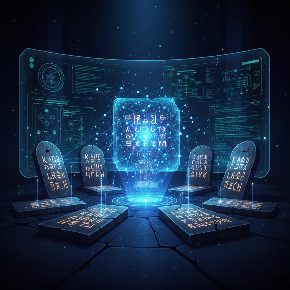 Antik taş tabletlere bakıp yazıları inceleyen bir yapay zeka algoritması simgesi.