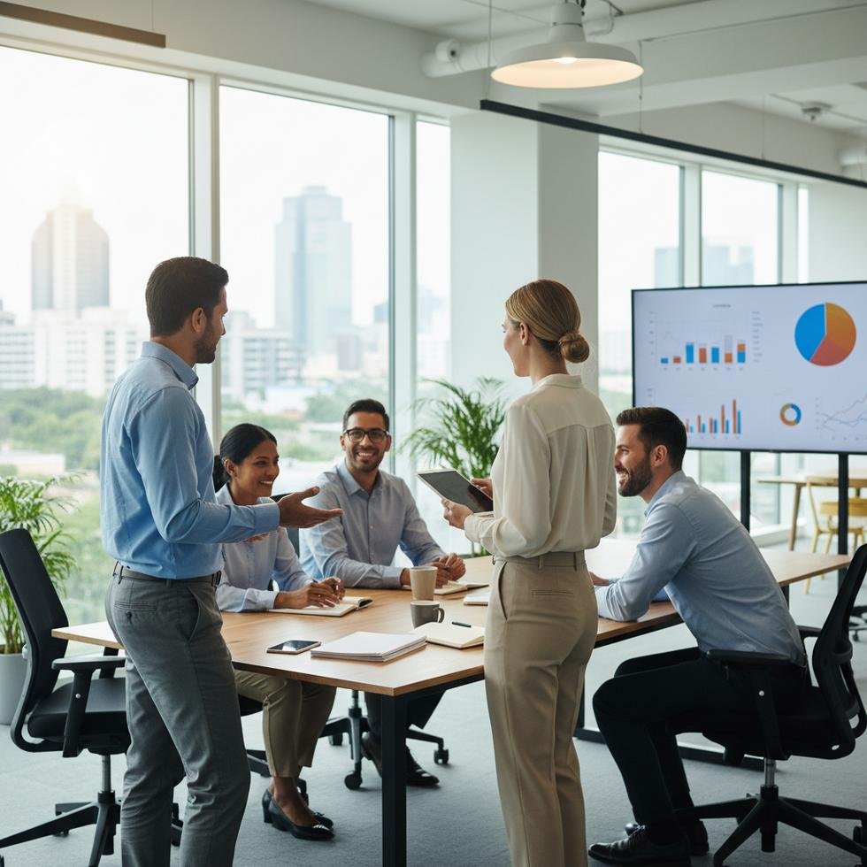 Kamu çalışanları modern ofiste esnek çalışma saatlerini tartışıyor