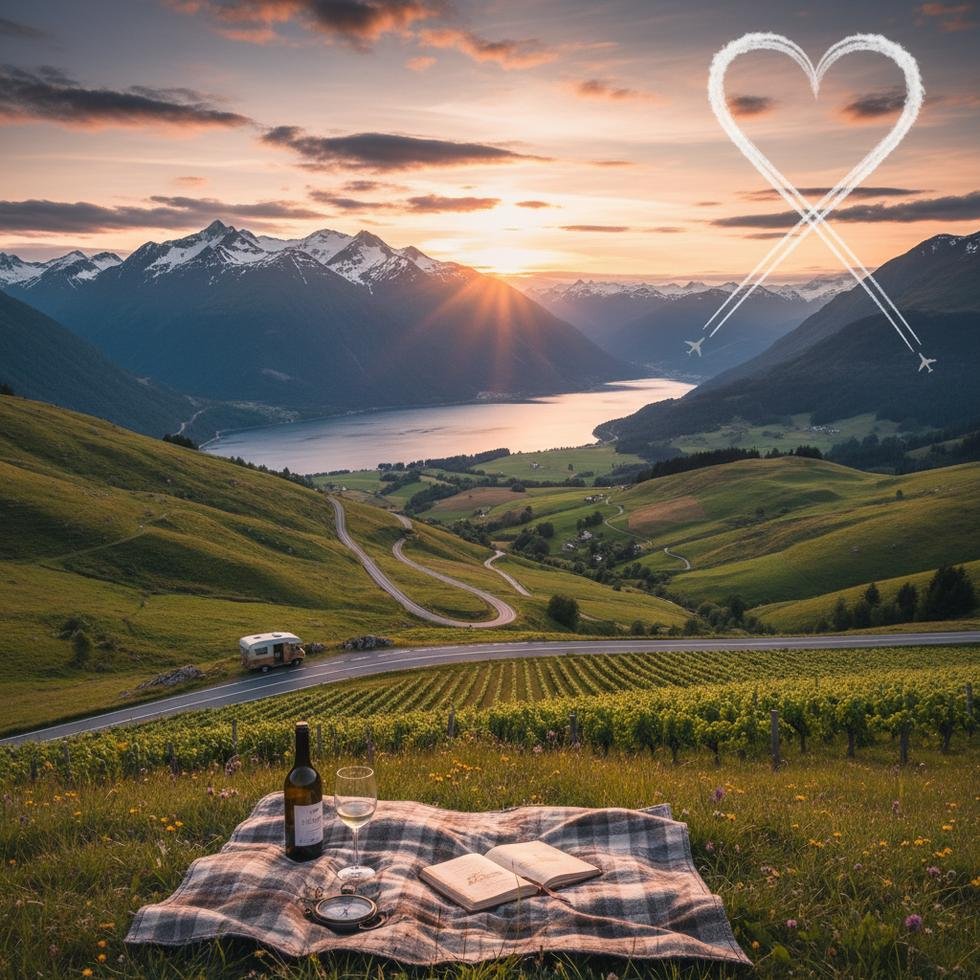 Yeni Zelanda'da sahilde gün batımı eşliğinde Sevgililer Günü kutlayan bir çift