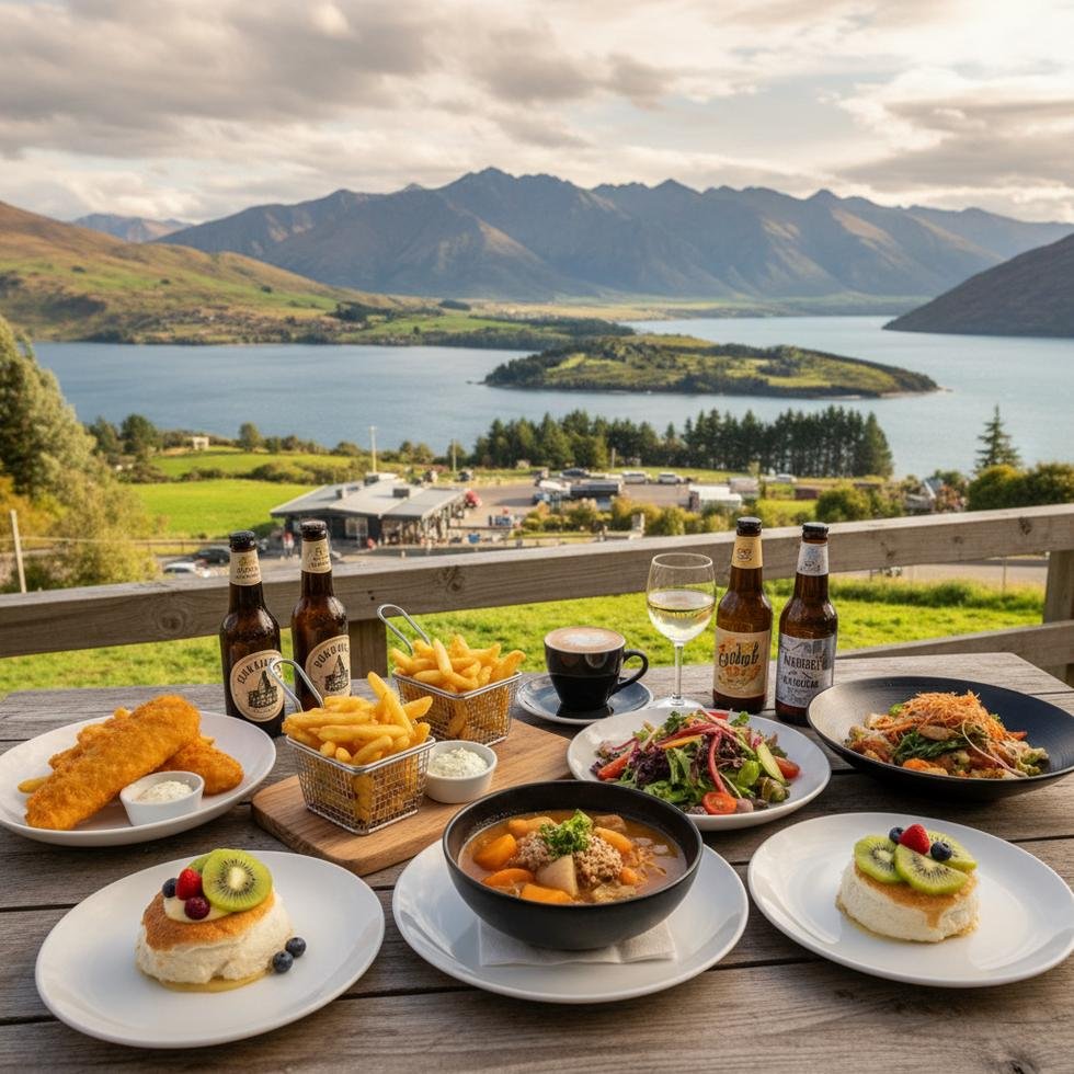 Yeni Zelanda'da dışarıda yemek masasında kahve ve yemek