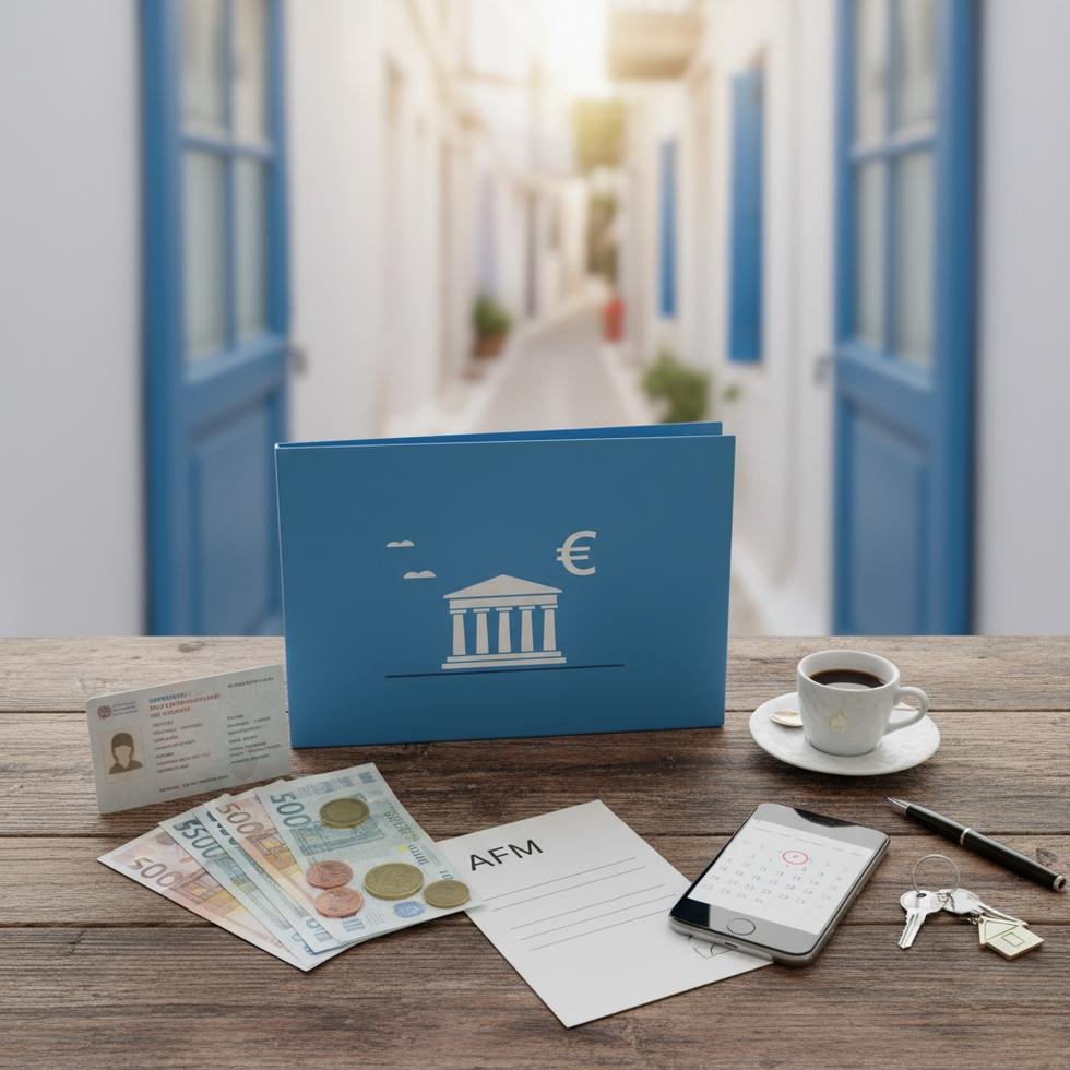 Yunanistan'da banka hesabı açma adımlarını anlatan belge ve pasaport görseli