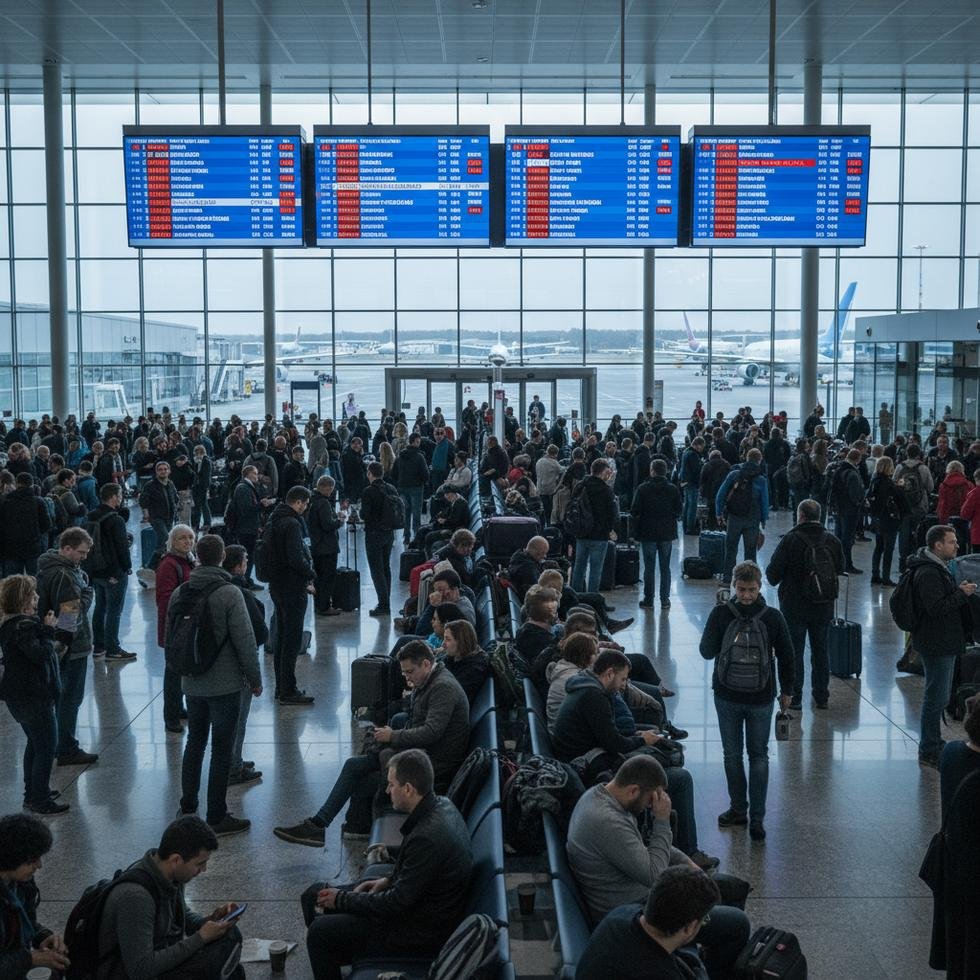 Görsel: Avrupa'da bir havalimanında bekleyen kalabalık yolcular, iptal ve gecikme bilgisi gösteren ekranlara bakıyor.