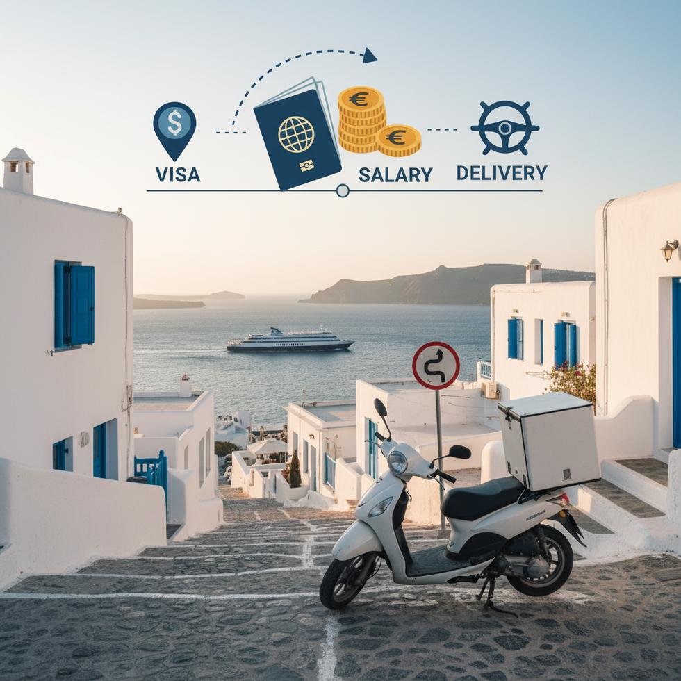 Yunanistan’da motosiklet kuryesi trafikte ilerliyor