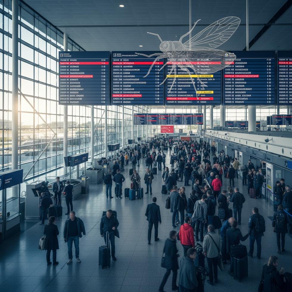 Görsel: Avrupa'daki bir havaalanında uçuş iptalleri ve aksama gösteren elektronik panolar.