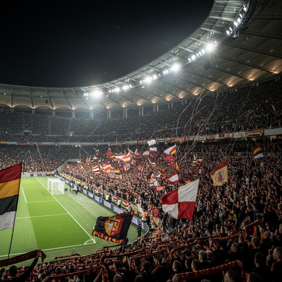 Tribünde bayrak ve atkılarla tezahürat yapan futbol taraftarları